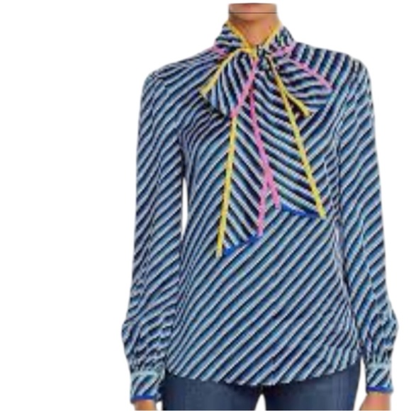 Tory Burch Silk Blue Striped Tie Neck long Sleeves Blouse Size 6 - Picture 3 of 16